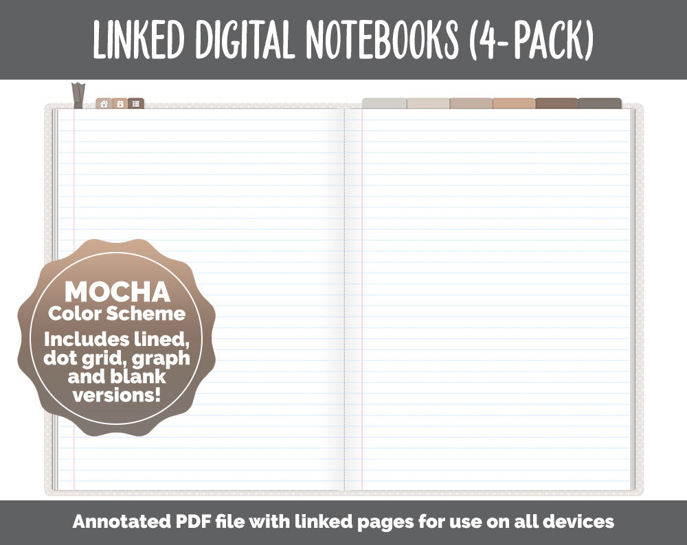 Linked Digital Notebooks 4- Pack | Mocha Theme | GoodNotes, iPad & Android