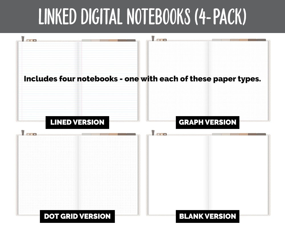 Linked Digital Notebooks 4- Pack | Mocha Theme | GoodNotes, iPad & Android
