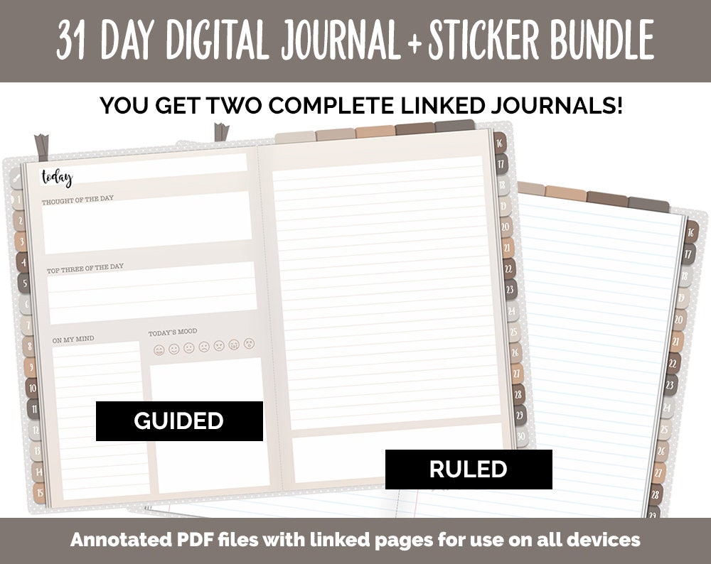 31 Day Digital Journal + Sticker Bundle | Mocha Theme