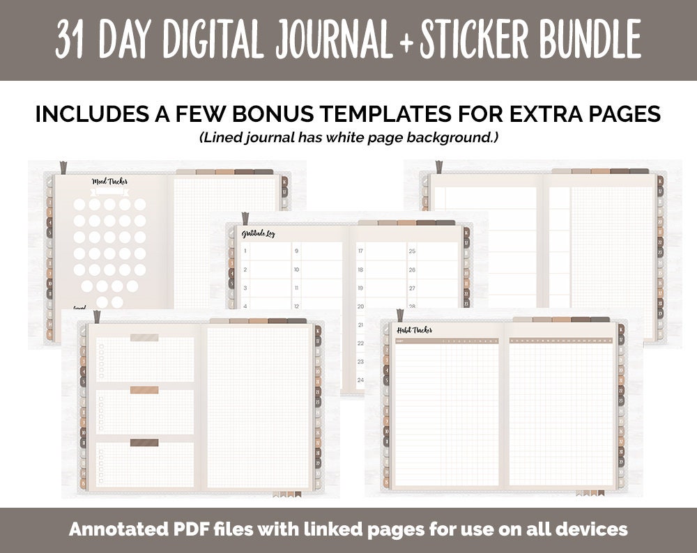 31 Day Digital Journal + Sticker Bundle | Mocha Theme