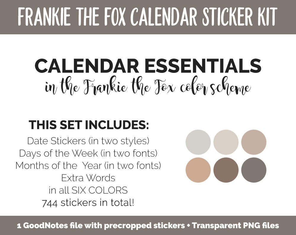 Frankie the Fox Calendar Essentials Digital Planner Stickers | GoodNotes, iPad and Android | Dates, Days of the Week, Months