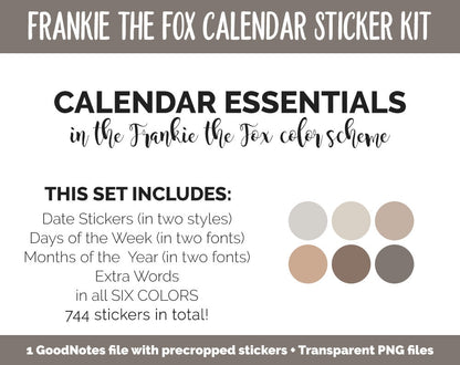 Frankie the Fox Calendar Essentials Digital Planner Stickers | GoodNotes, iPad and Android | Dates, Days of the Week, Months