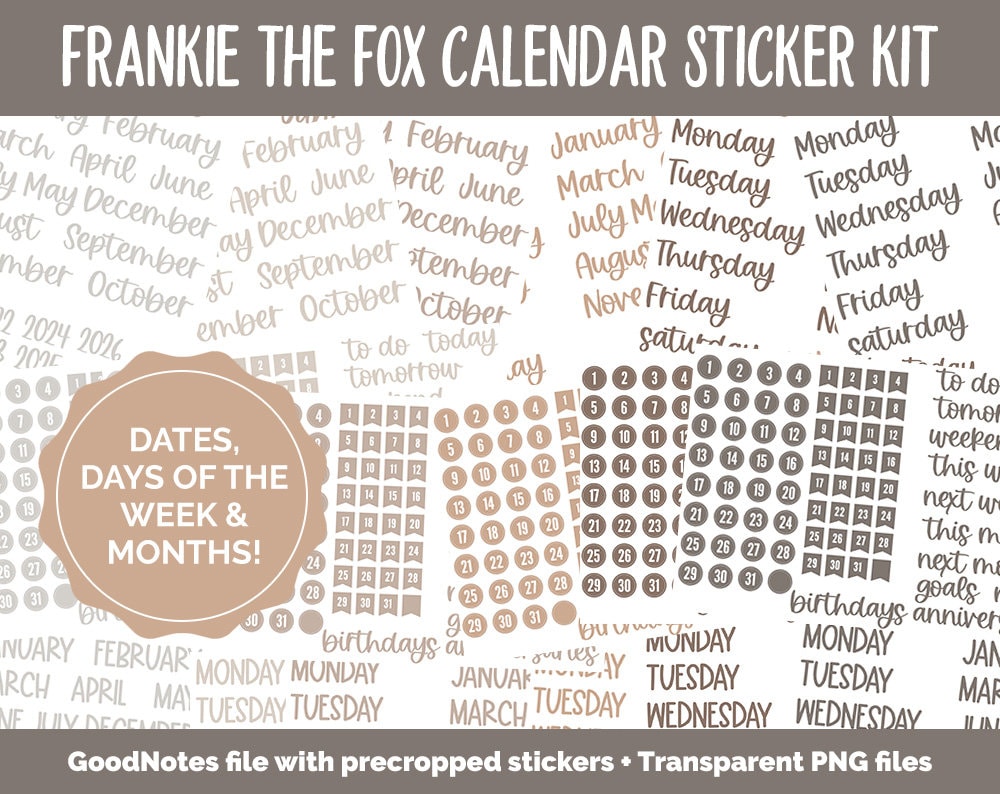 Frankie the Fox Calendar Essentials Digital Planner Stickers | GoodNotes, iPad and Android | Dates, Days of the Week, Months
