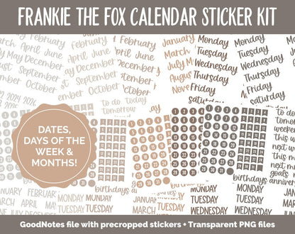 Frankie the Fox Calendar Essentials Digital Planner Stickers | GoodNotes, iPad and Android | Dates, Days of the Week, Months