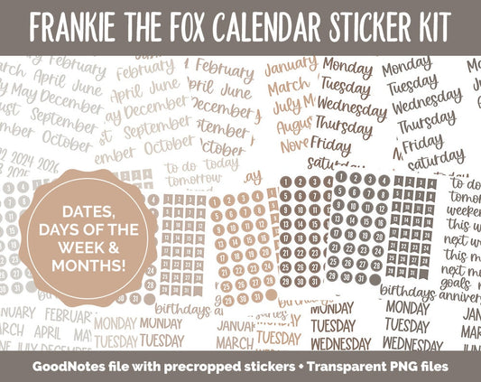 Frankie the Fox Calendar Essentials Digital Planner Stickers | GoodNotes, iPad and Android | Dates, Days of the Week, Months