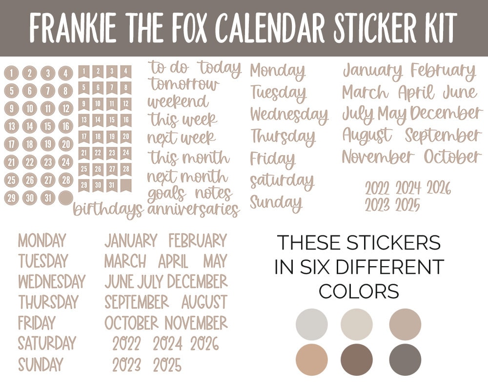 Frankie the Fox Calendar Essentials Digital Planner Stickers | GoodNotes, iPad and Android | Dates, Days of the Week, Months
