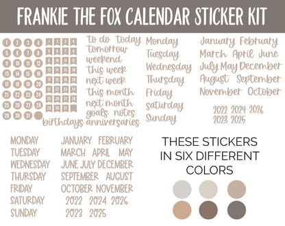 Frankie the Fox Calendar Essentials Digital Planner Stickers | GoodNotes, iPad and Android | Dates, Days of the Week, Months