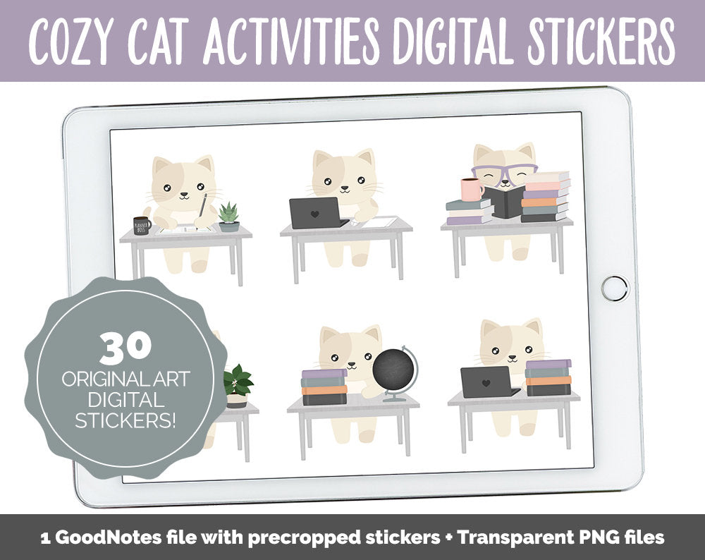 Cozy Cat Activities Digital Stickers | GoodNotes & iPad | Crafts, School, Work, Hobbies