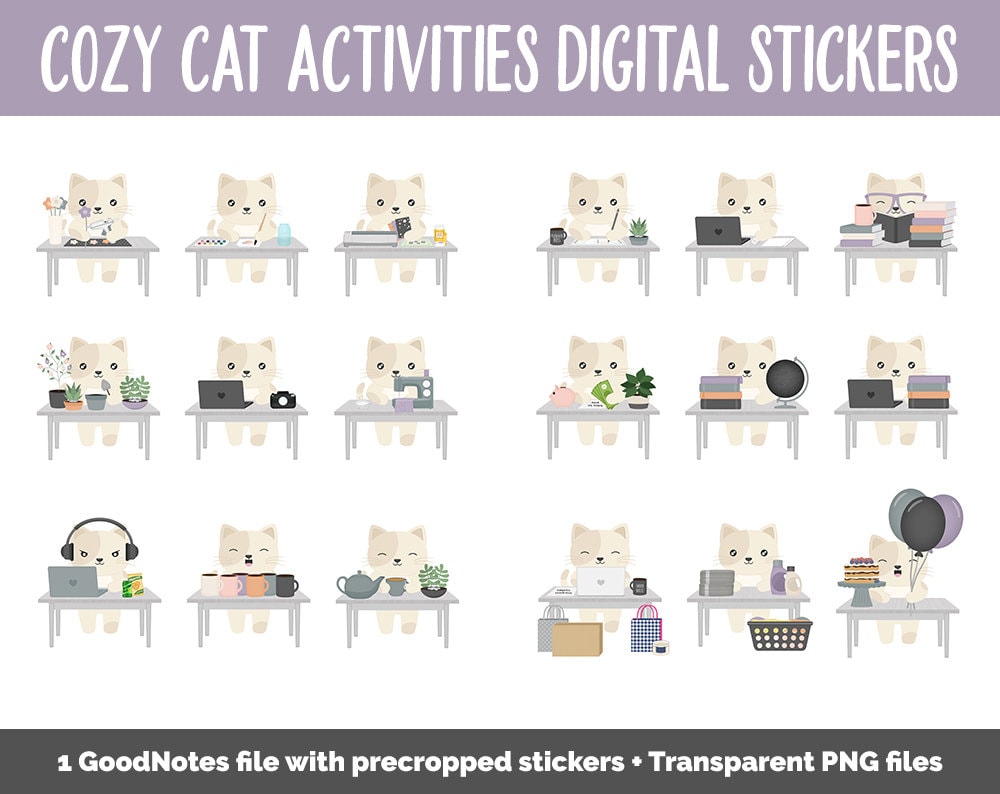 Cozy Cat Activities Digital Stickers | GoodNotes & iPad | Crafts, School, Work, Hobbies