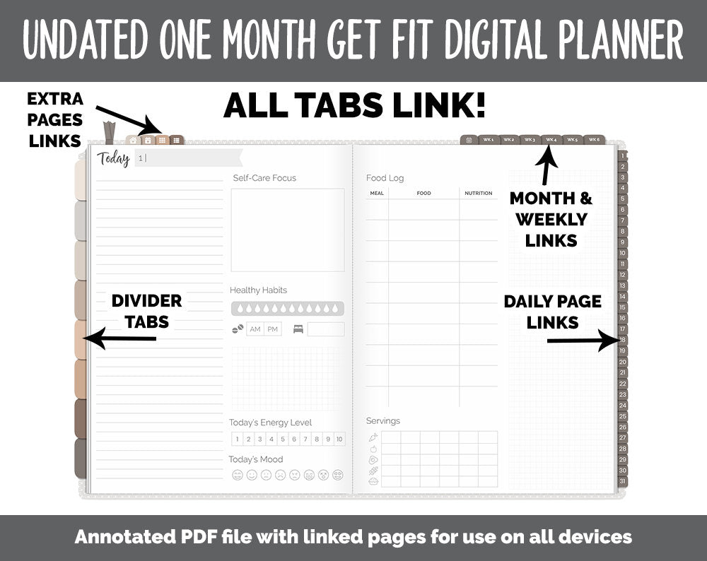 NEW! Undated Get Fit One Month Digital Planner | Mocha Theme - Best Health Edition | GoodNotes, iPad & Android | Fitness, Self-Care