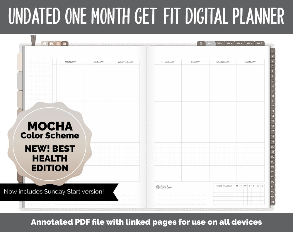NEW! Undated Get Fit One Month Digital Planner | Mocha Theme - Best Health Edition | GoodNotes, iPad & Android | Fitness, Self-Care