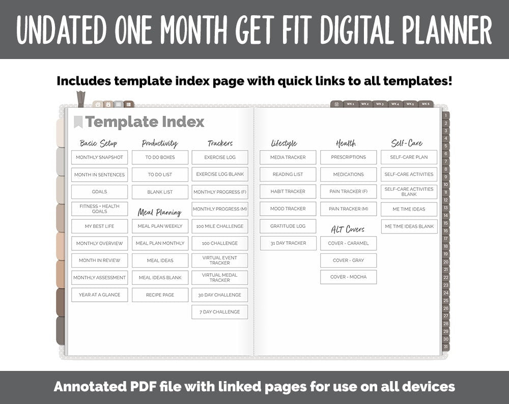 NEW! Undated Get Fit One Month Digital Planner | Mocha Theme - Best Health Edition | GoodNotes, iPad & Android | Fitness, Self-Care