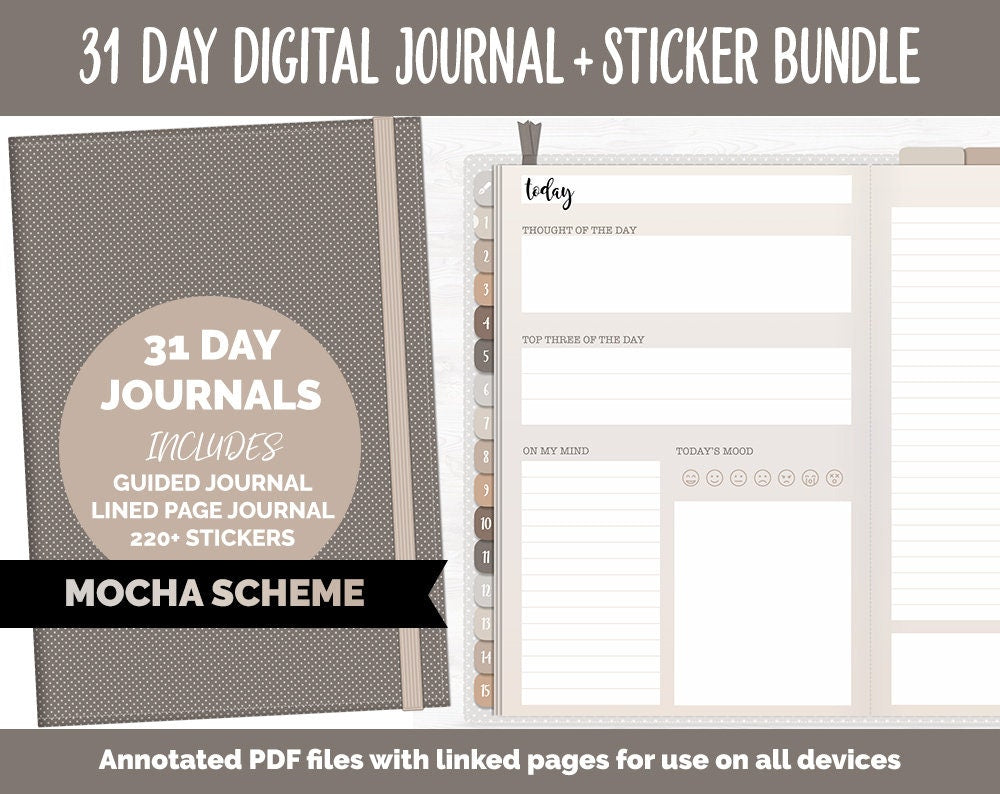 31 Day Digital Journal + Sticker Bundle | Mocha Theme