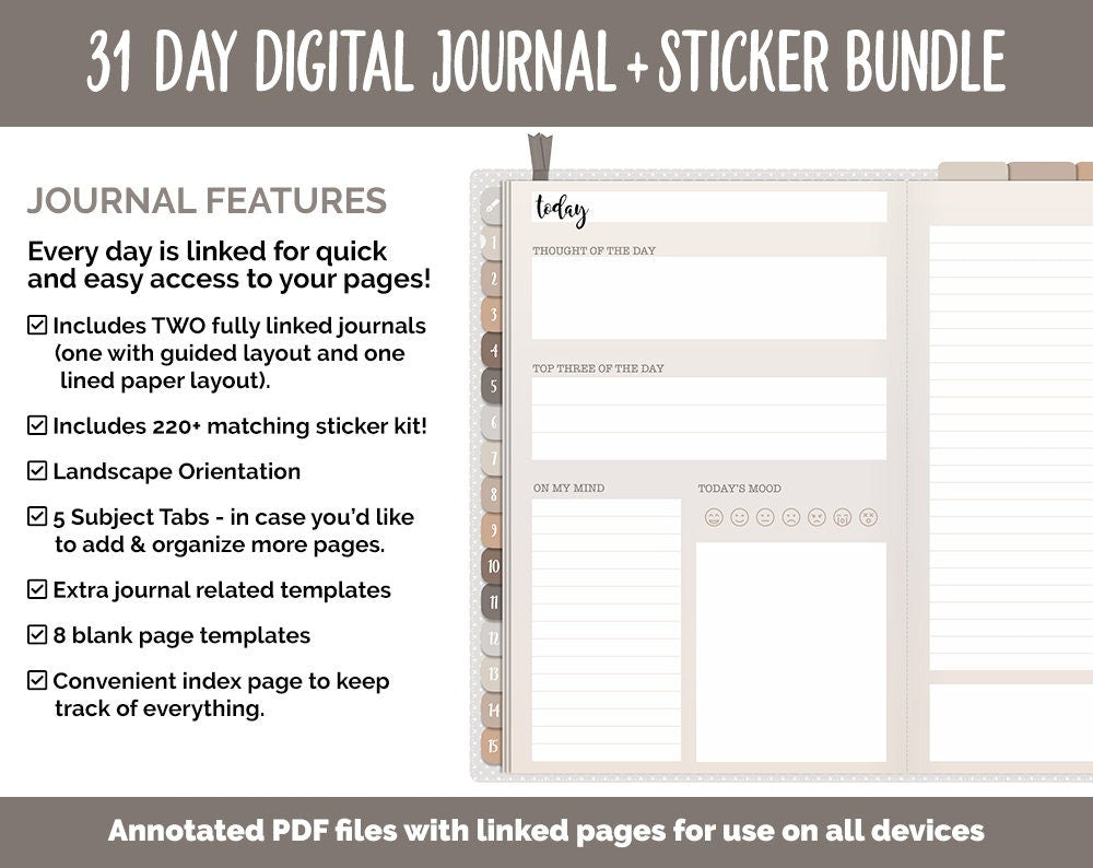 31 Day Digital Journal + Sticker Bundle | Mocha Theme