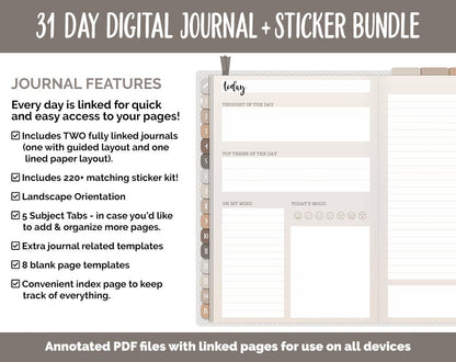 31 Day Digital Journal + Sticker Bundle | Mocha Theme