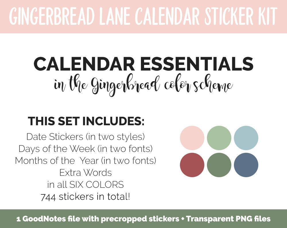 Gingerbread Lane Calendar Essentials Digital Planner Stickers | GoodNotes, iPad and Android | Dates, Days of the Week, Months