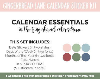 Gingerbread Lane Calendar Essentials Digital Planner Stickers | GoodNotes, iPad and Android | Dates, Days of the Week, Months