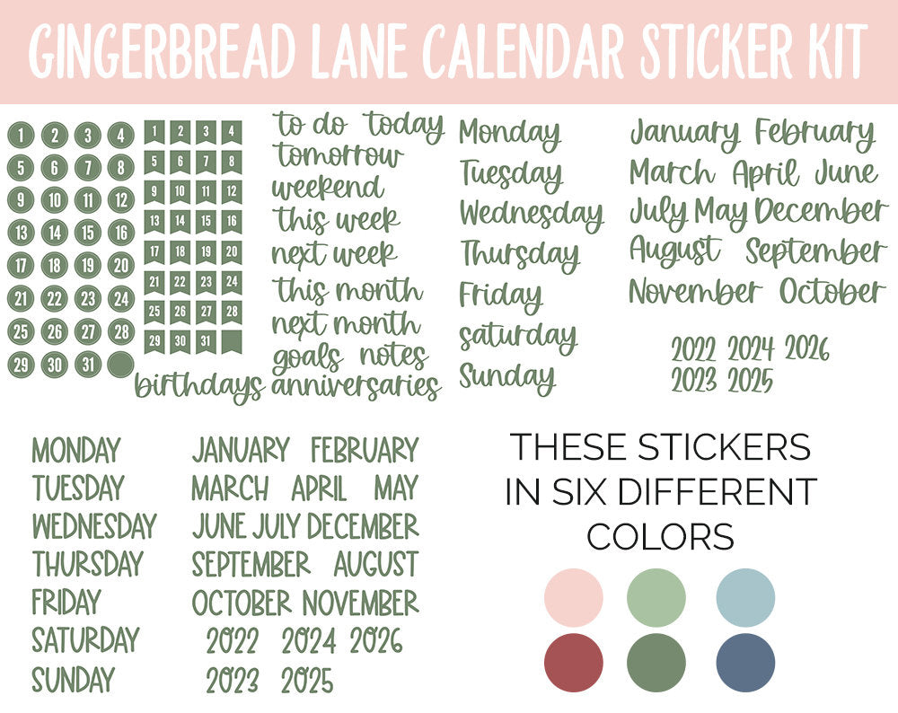 Gingerbread Lane Calendar Essentials Digital Planner Stickers | GoodNotes, iPad and Android | Dates, Days of the Week, Months