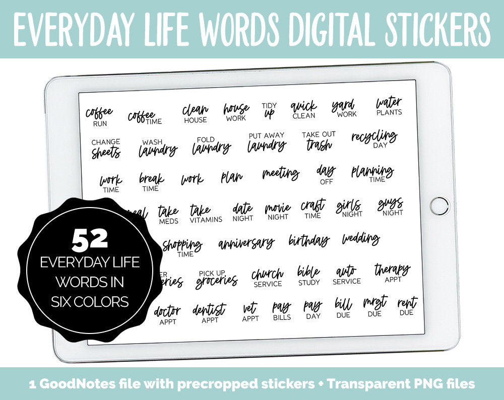 Everyday Life Words Digital Planner Stickers | GoodNotes, iPad and Android | Chores, Tasks, Errands, Things to Do