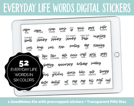 Everyday Life Words Digital Planner Stickers | GoodNotes, iPad and Android | Chores, Tasks, Errands, Things to Do