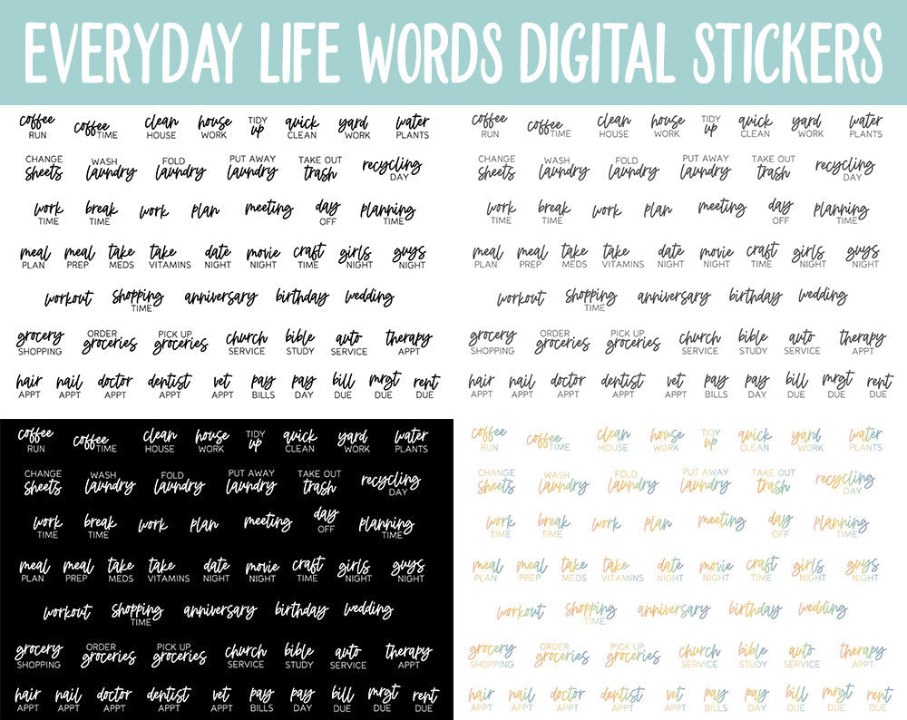 Everyday Life Words Digital Planner Stickers | GoodNotes, iPad and Android | Chores, Tasks, Errands, Things to Do