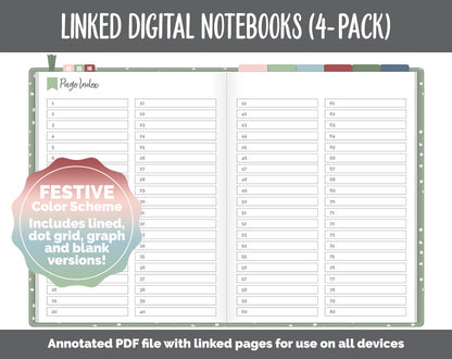 Linked Digital Notebooks 4- Pack | Festive Theme | GoodNotes, iPad & Android
