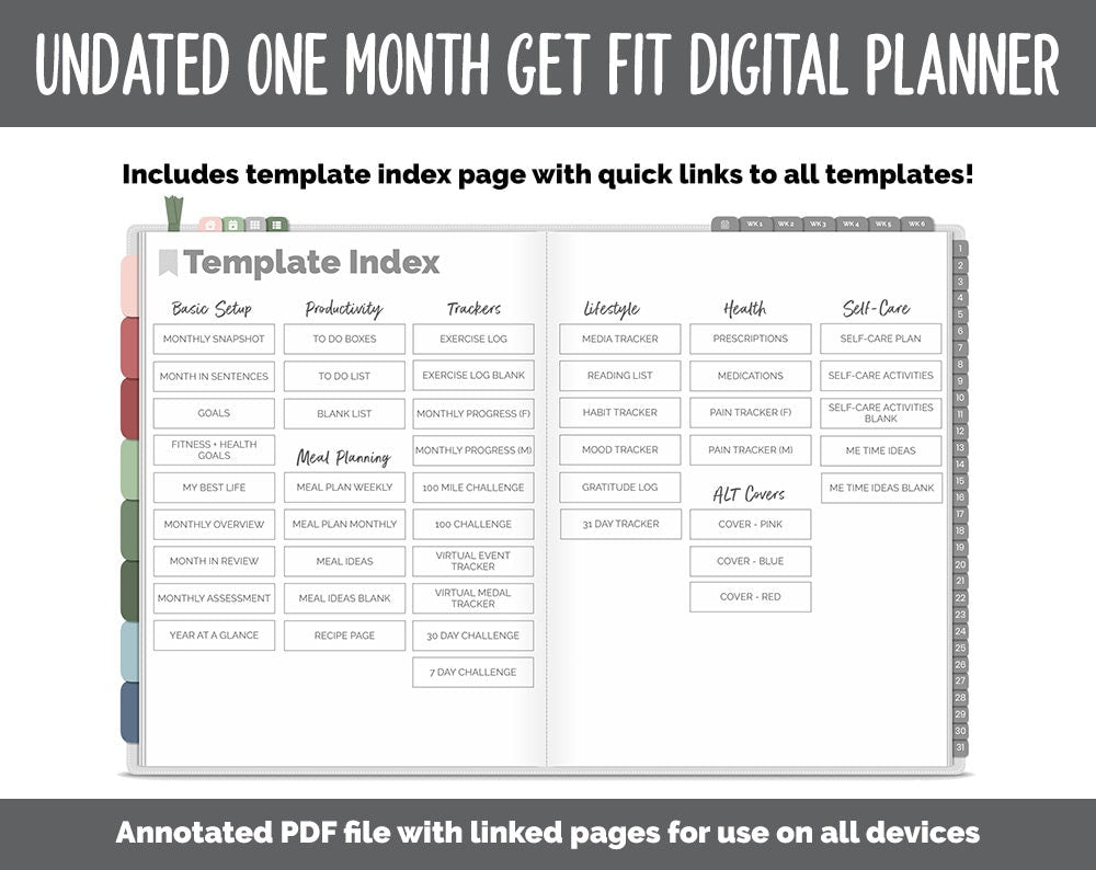 NEW! Undated Get Fit One Month Digital Planner | Festive Theme - Best Health Edition | GoodNotes, iPad & Android | Fitness, Self-Care