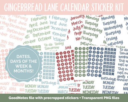 Gingerbread Lane Calendar Essentials Digital Planner Stickers | GoodNotes, iPad and Android | Dates, Days of the Week, Months