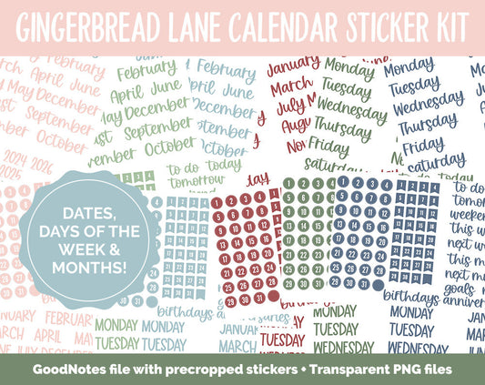 Gingerbread Lane Calendar Essentials Digital Planner Stickers | GoodNotes, iPad and Android | Dates, Days of the Week, Months