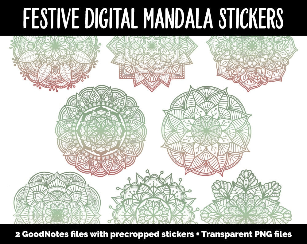 Festive Mandala Digital Planner Stickers | GoodNotes, iPad and Android | Gradient, Ombre, Coloring