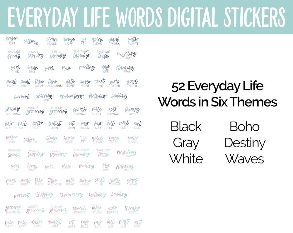 Everyday Life Words Digital Planner Stickers | GoodNotes, iPad and Android | Chores, Tasks, Errands, Things to Do