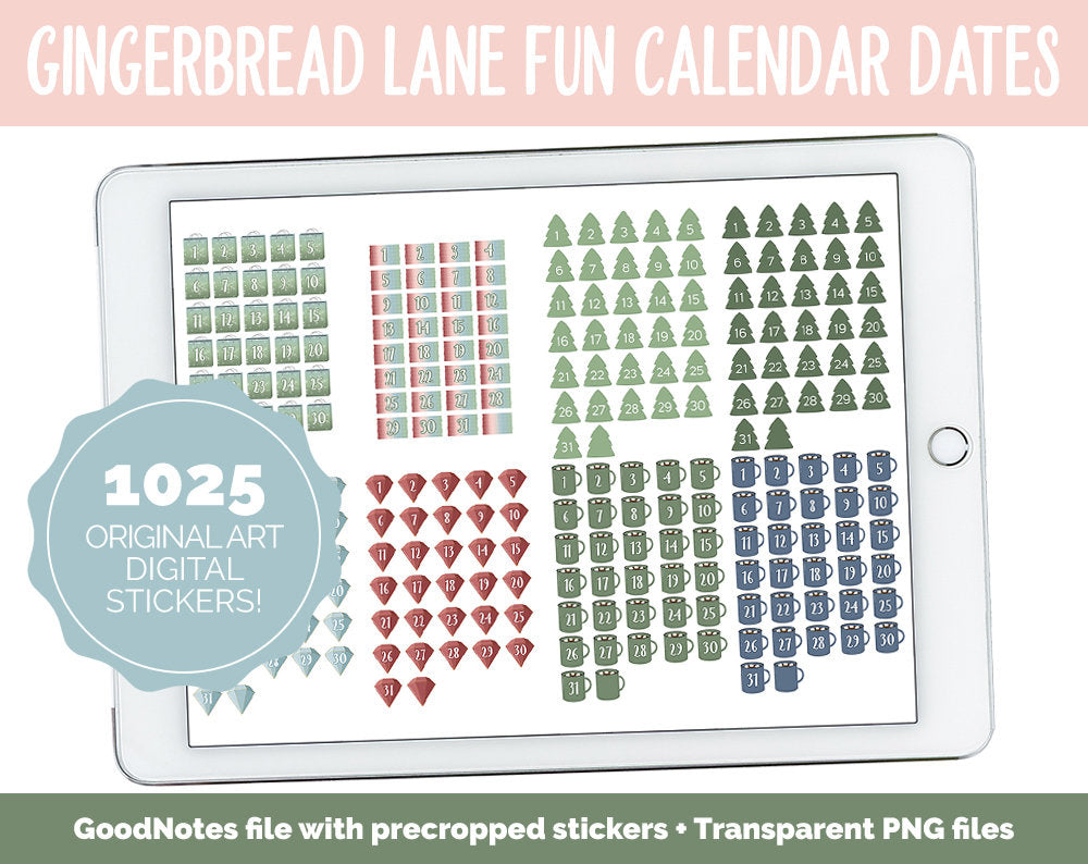 Gingerbread Lane Fun Calendar Date Digital Stickers | GoodNotes, iPad and Android | Festive