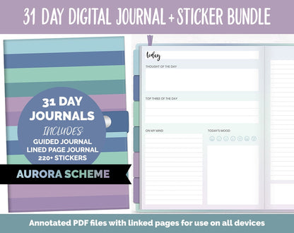 31 Day Digital Journal + Sticker Bundle | Aurora Theme