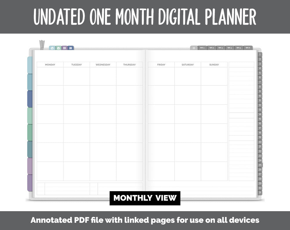 Undated One Month Digital Planner | Aurora Theme - Vertical Weekly | GoodNotes, iPad & Android