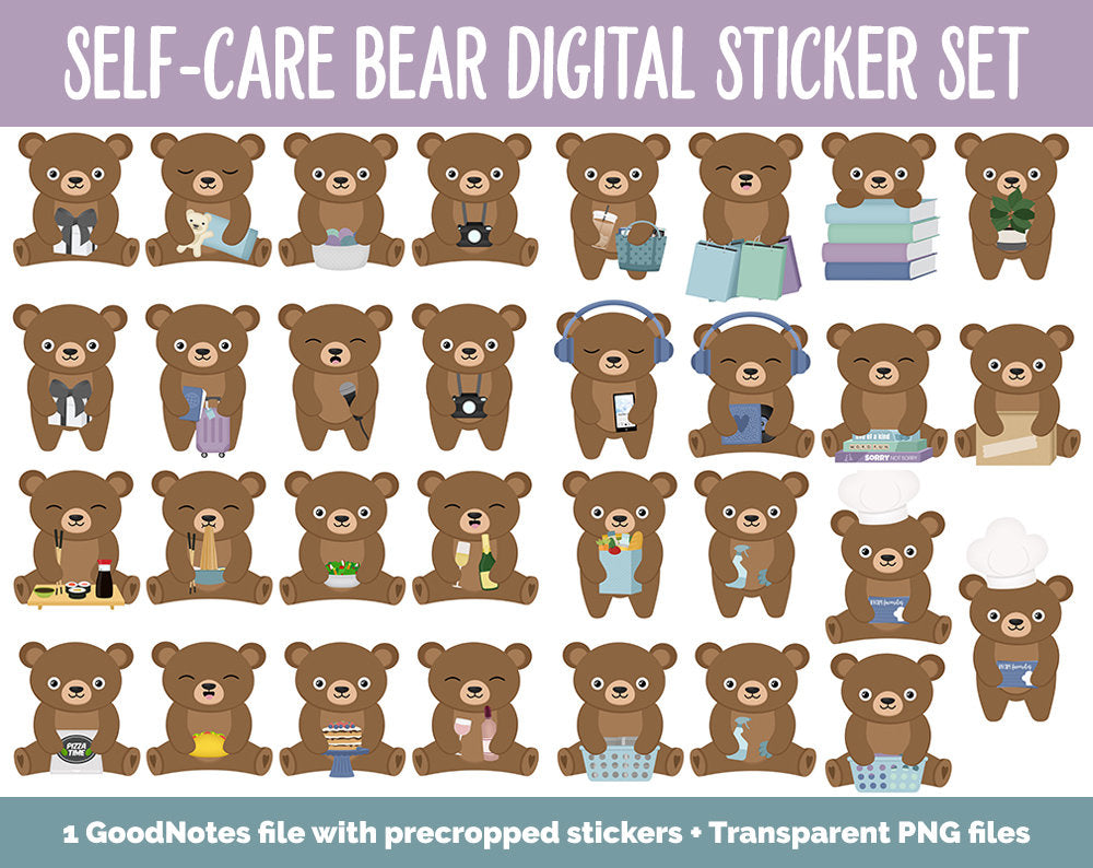 Self-Care Bear Digital Planner Stickers | GoodNotes, iPad and Android | Aurora Theme | Bubbles, Activities, Tasks, Hobbies