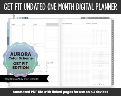 Undated Get Fit One Month Digital Planner | Aurora Theme | GoodNotes, iPad & Android | Fitness, Self-Care, Health, Workout