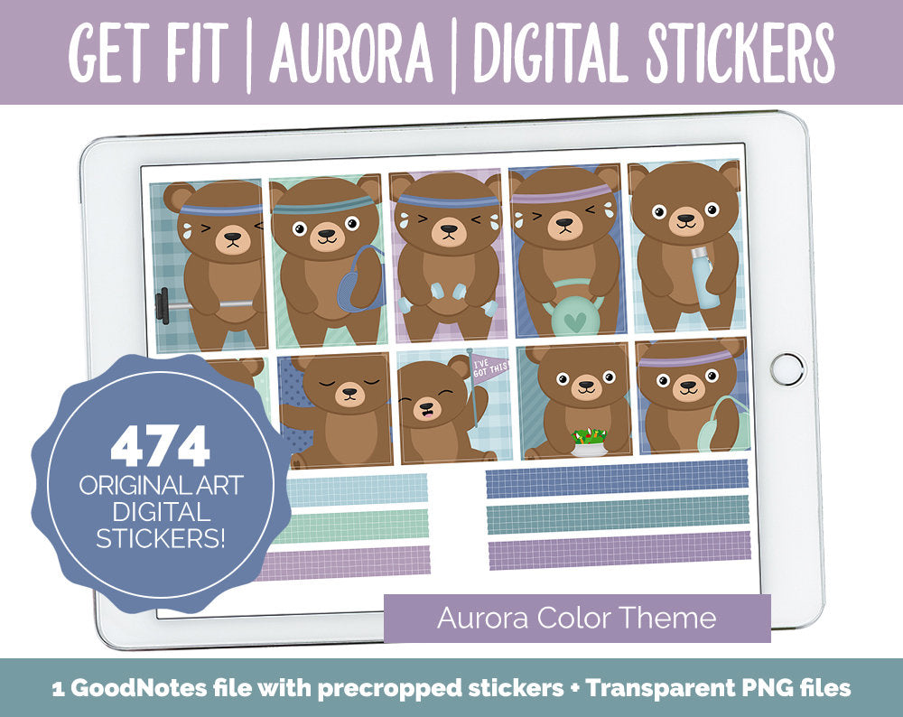 Get Fit Aurora Digital Stickers | GoodNotes & iPad | Fitness, Health, Self-Care, Workout | Bubbles the Bear