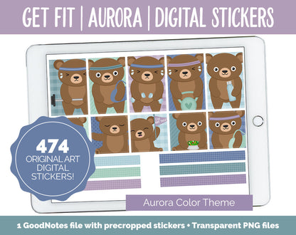 Get Fit Aurora Digital Stickers | GoodNotes & iPad | Fitness, Health, Self-Care, Workout | Bubbles the Bear
