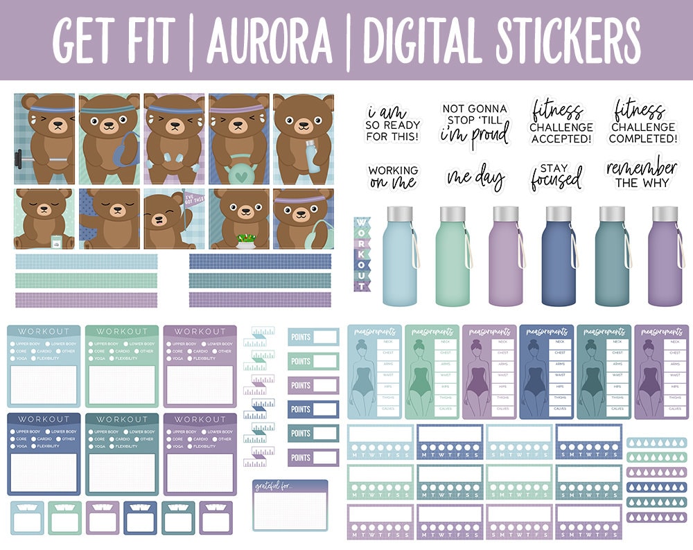 Get Fit Aurora Digital Stickers | GoodNotes & iPad | Fitness, Health, Self-Care, Workout | Bubbles the Bear