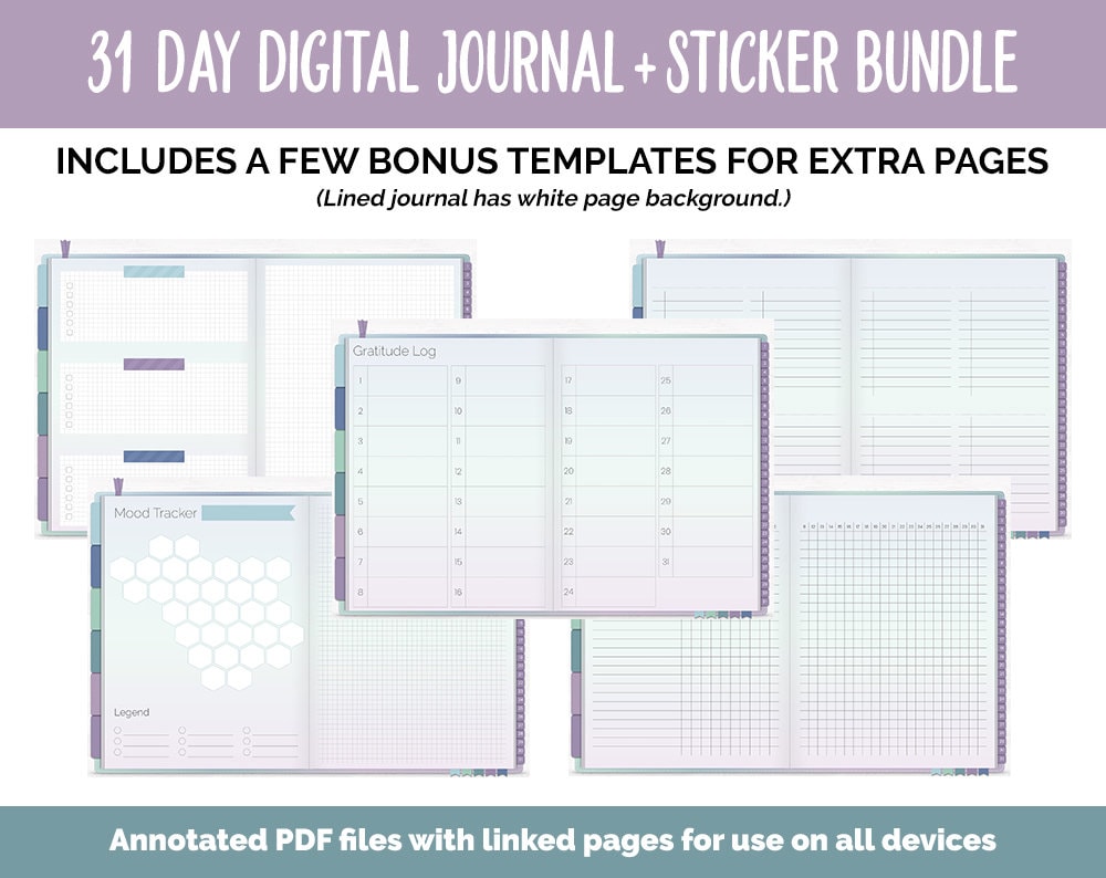 31 Day Digital Journal + Sticker Bundle | Aurora Theme