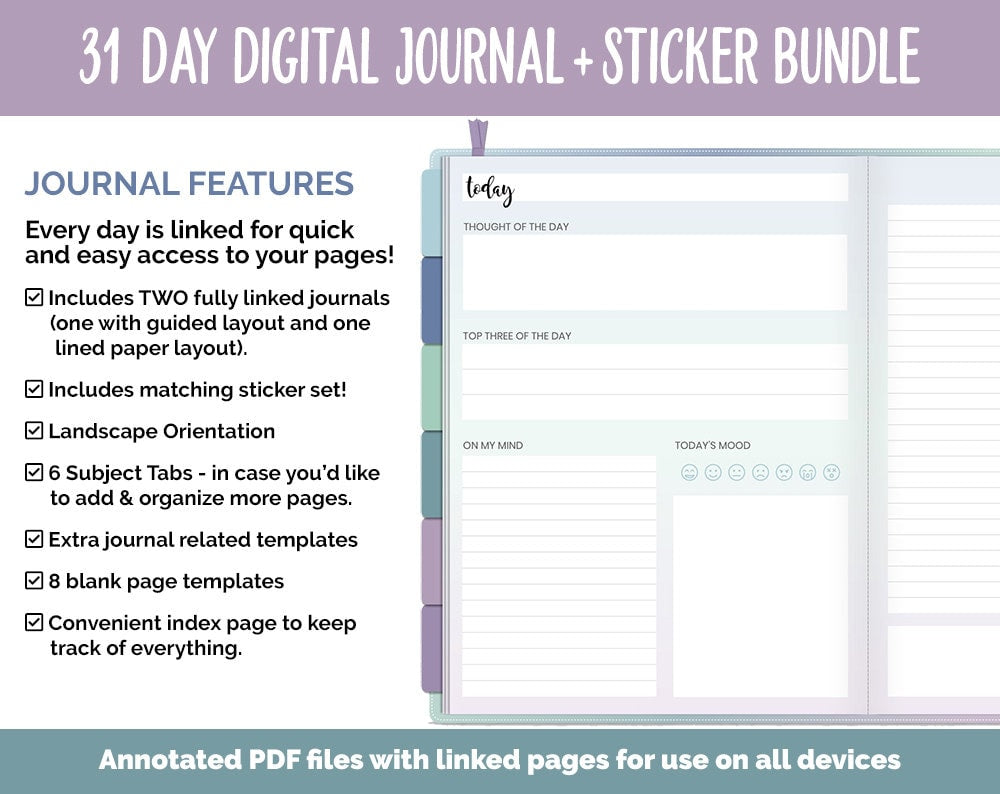 31 Day Digital Journal + Sticker Bundle | Aurora Theme