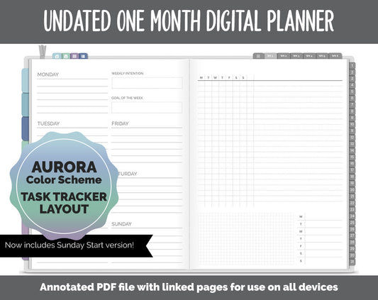 Undated One Month Digital Planner | Aurora Theme - Task Tracker Weekly | GoodNotes, iPad & Android