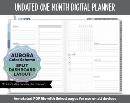 Undated One Month Digital Planner | Aurora Theme - Split Dashboard Weekly | GoodNotes, iPad & Android