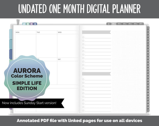 Undated One Month Digital Planner | Aurora Theme - Simple Life Weekly | GoodNotes, iPad & Android