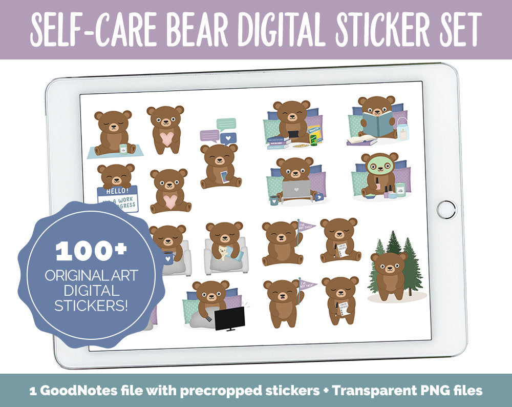 Self-Care Bear Digital Planner Stickers | GoodNotes, iPad and Android | Aurora Theme | Bubbles, Activities, Tasks, Hobbies