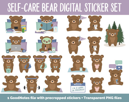 Self-Care Bear Digital Planner Stickers | GoodNotes, iPad and Android | Aurora Theme | Bubbles, Activities, Tasks, Hobbies
