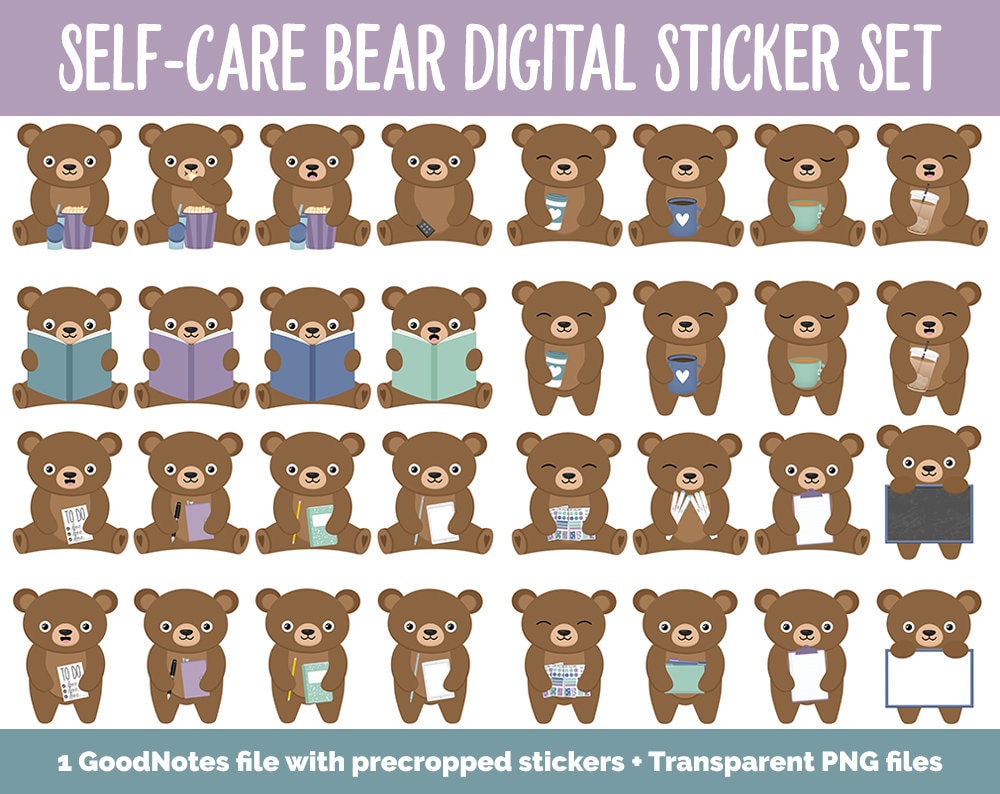 Self-Care Bear Digital Planner Stickers | GoodNotes, iPad and Android | Aurora Theme | Bubbles, Activities, Tasks, Hobbies