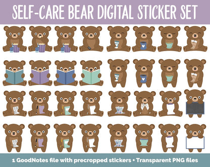 Self-Care Bear Digital Planner Stickers | GoodNotes, iPad and Android | Aurora Theme | Bubbles, Activities, Tasks, Hobbies