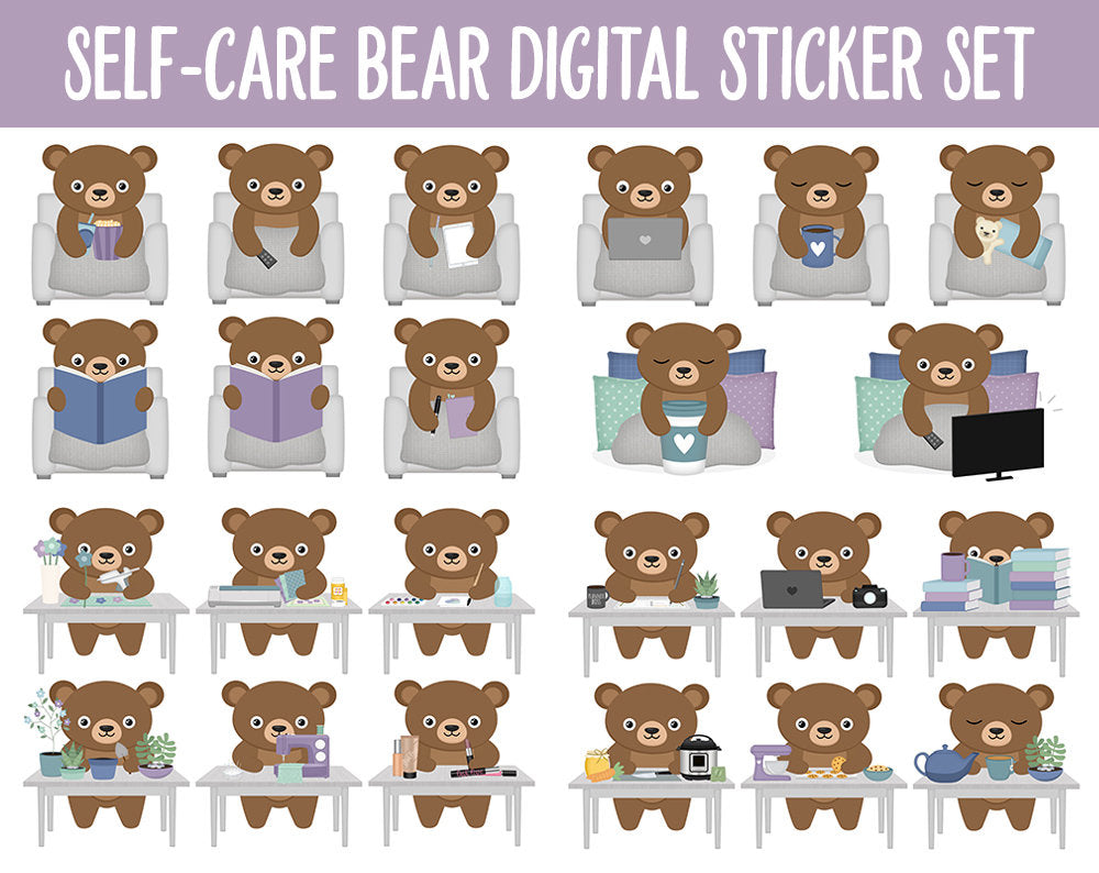 Self-Care Bear Digital Planner Stickers | GoodNotes, iPad and Android | Aurora Theme | Bubbles, Activities, Tasks, Hobbies