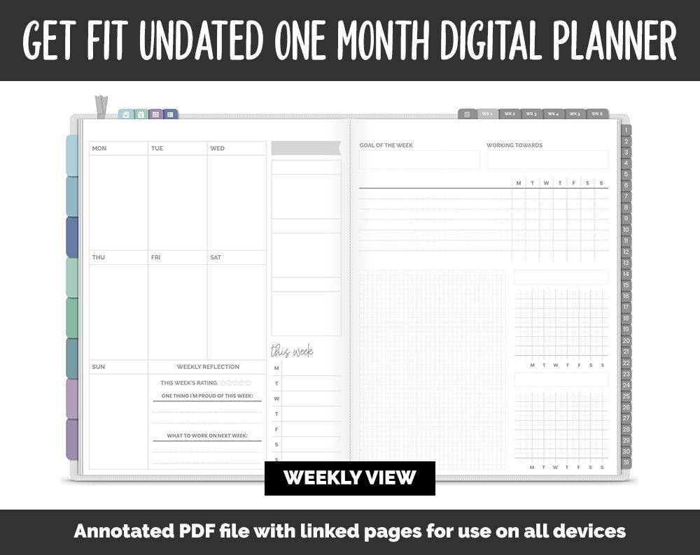 Undated Get Fit One Month Digital Planner | Aurora Theme | GoodNotes, iPad & Android | Fitness, Self-Care, Health, Workout